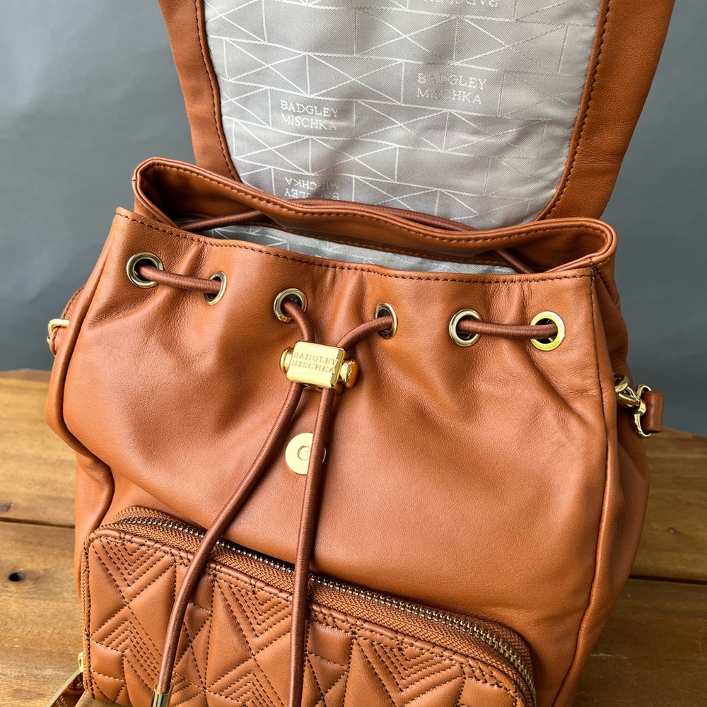 Badgley Mischka Quilted Tan Backpack - Picture 6 of 12